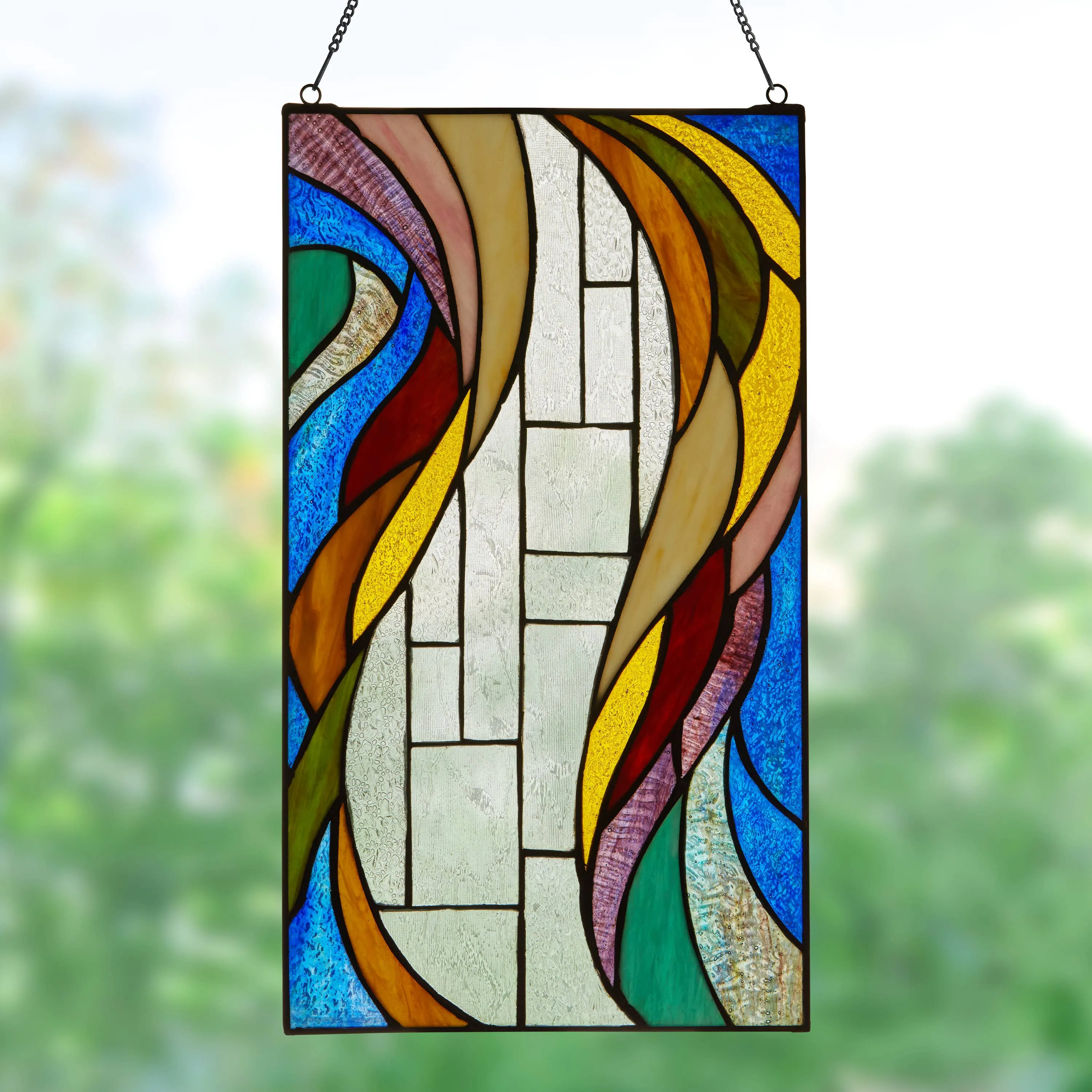 18"H Multicolor Flowing Border Stained Glass Window Panel