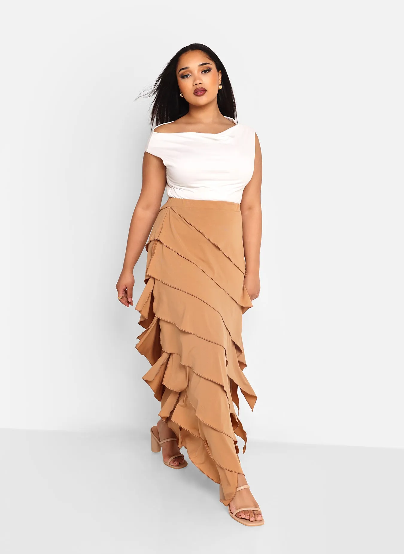 Amanda Ruffle Maxi Bodycon Skirt - Brown