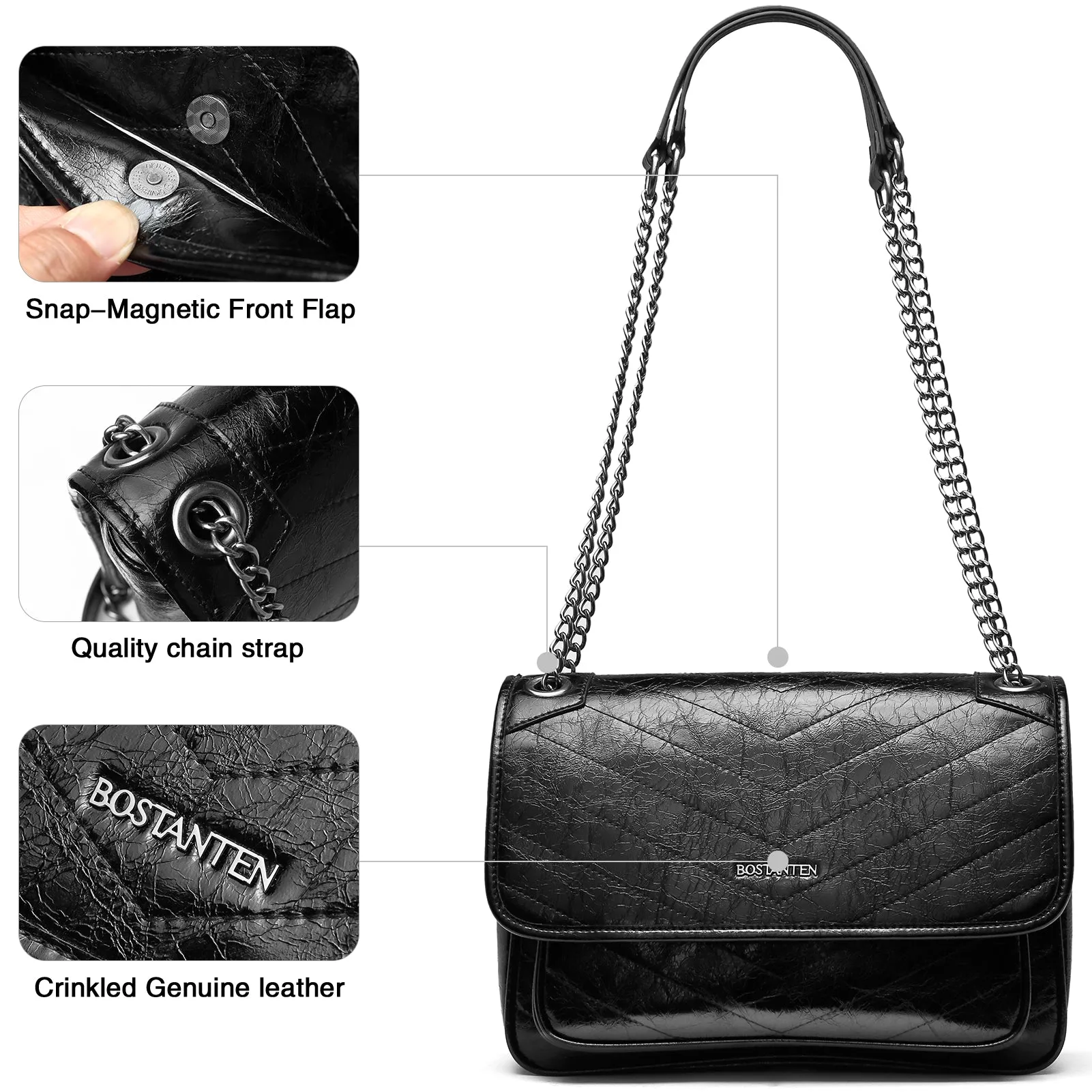 BOSTANTEN Women's Leather Handbag Designer Chevron Quilted Crossbody Bag Fashion Chain Strap Shoulder Purses