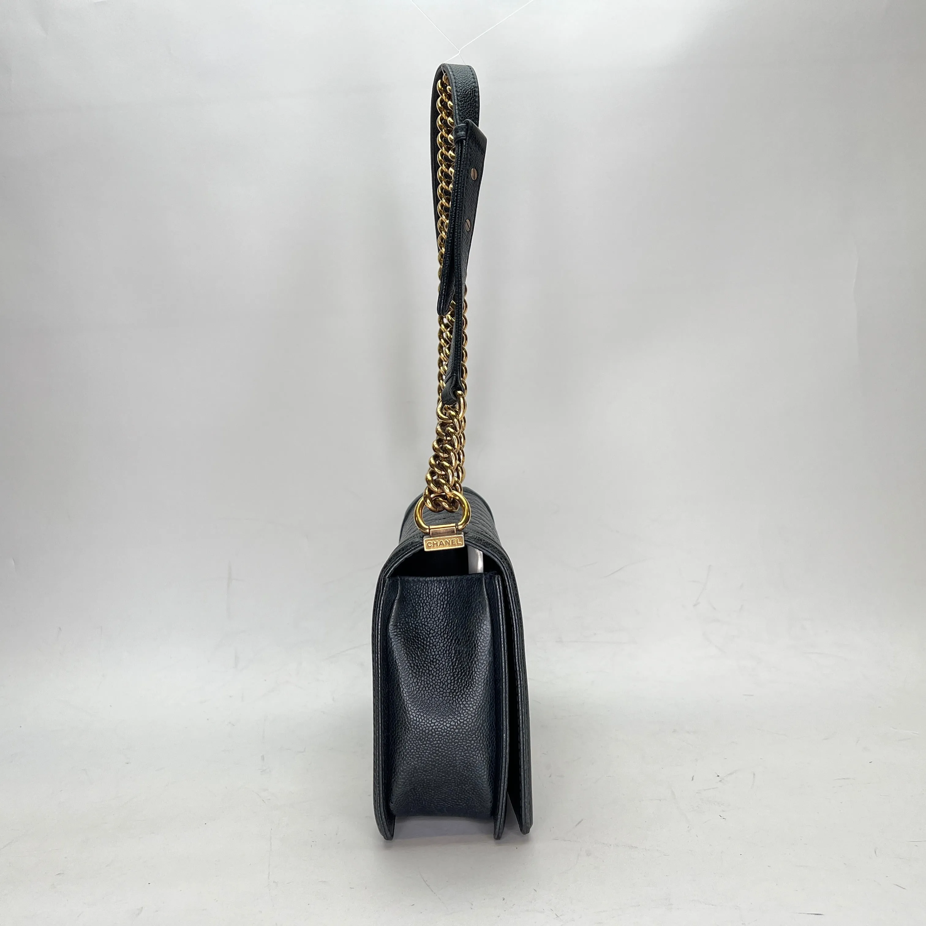 Boy Medium Navy Shoulder Bag in Caviar Leather, Gold hardware