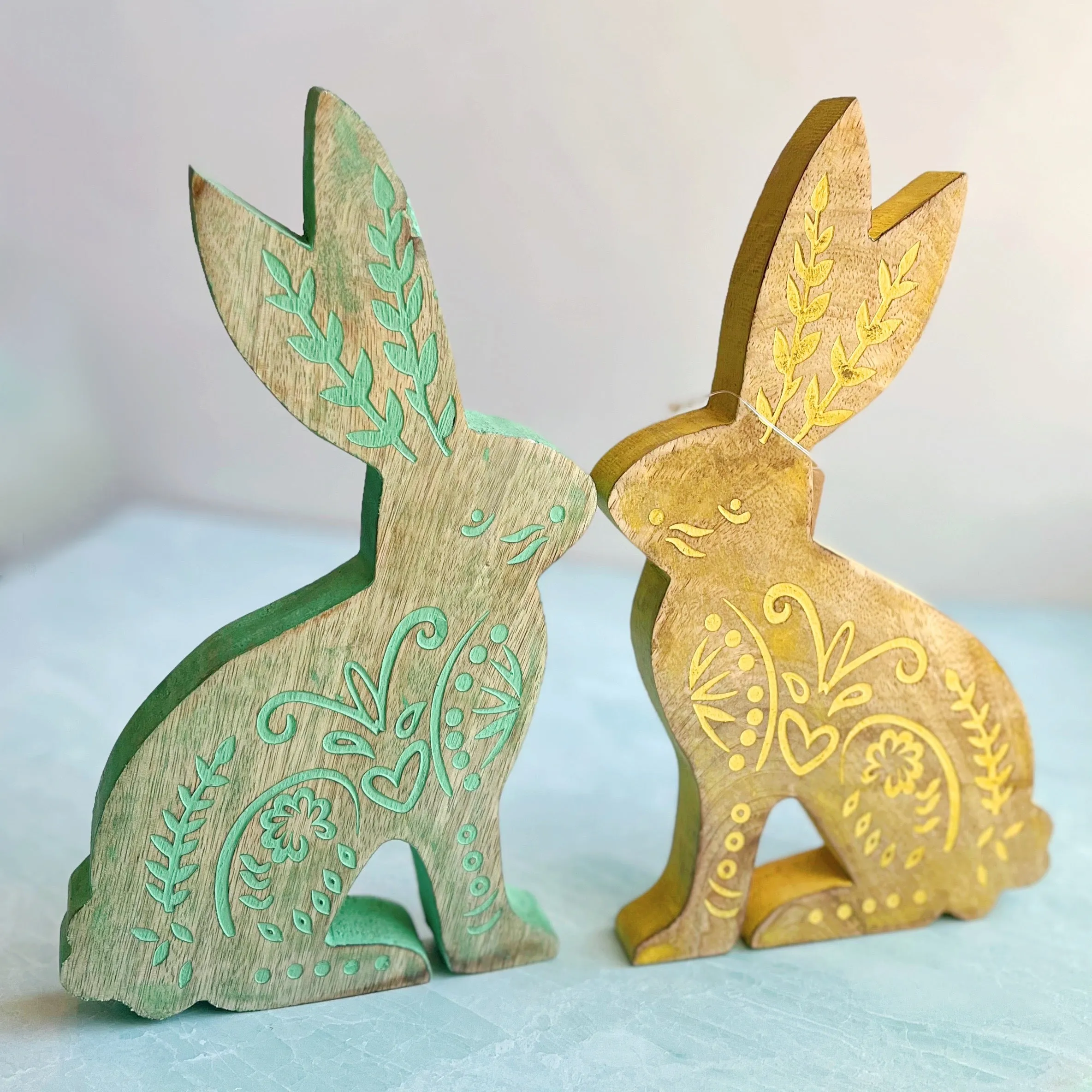 Floral Folk Art Wood Bunny: Yellow