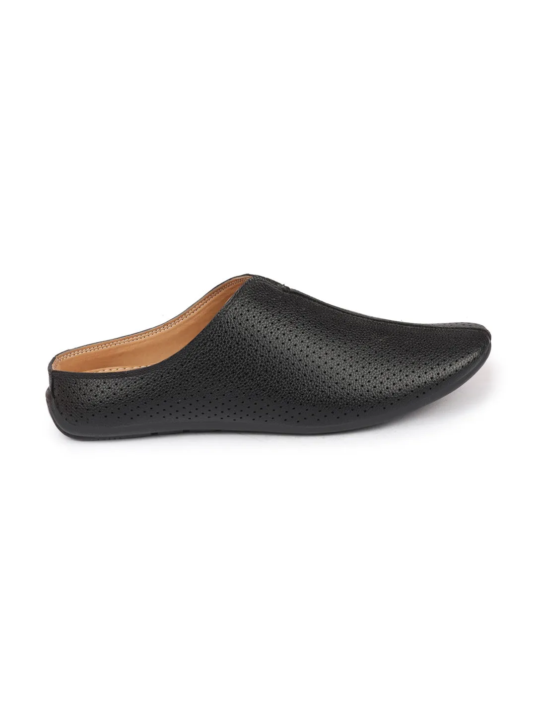 Men Black Back Open Perforated Design Ethnic Party Wedding Mules Slip On Shoes