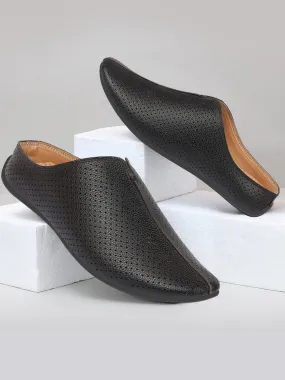 Men Black Back Open Perforated Design Ethnic Party Wedding Mules Slip On Shoes