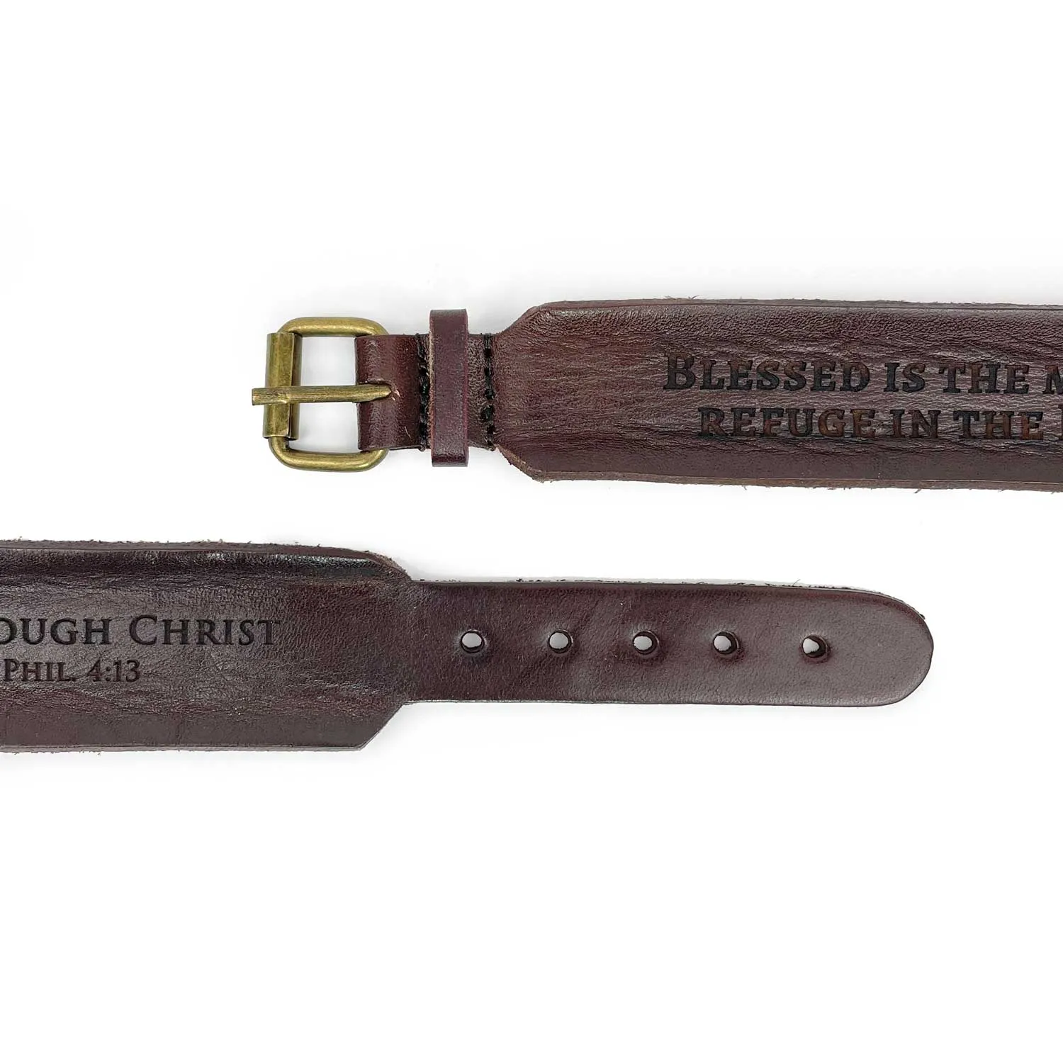 "Strength and Dignity" Proverbs 31 Laser-Engraved Brown Leather Scripture Bracelet with Watch Band Clasp