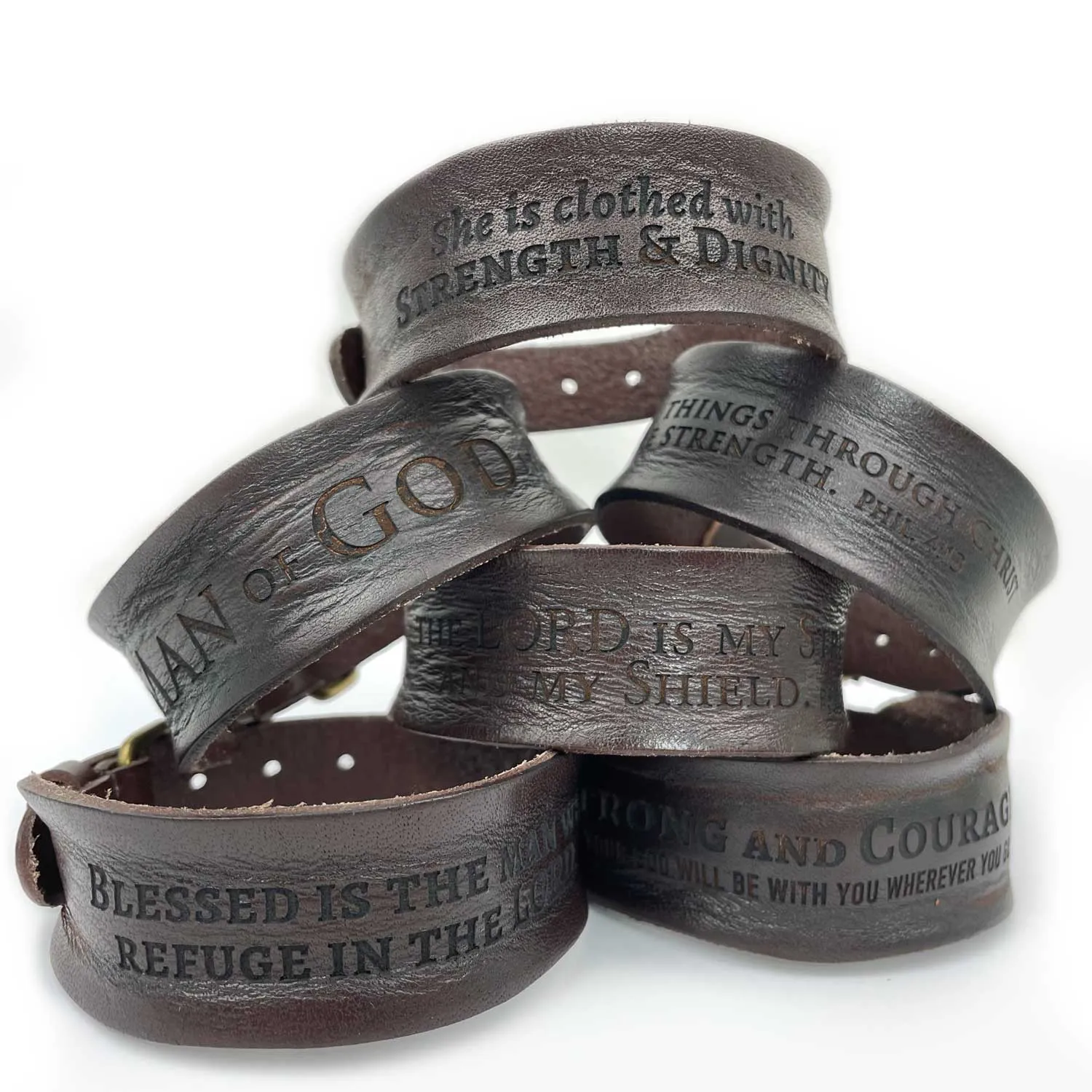 "Strength and Dignity" Proverbs 31 Laser-Engraved Brown Leather Scripture Bracelet with Watch Band Clasp