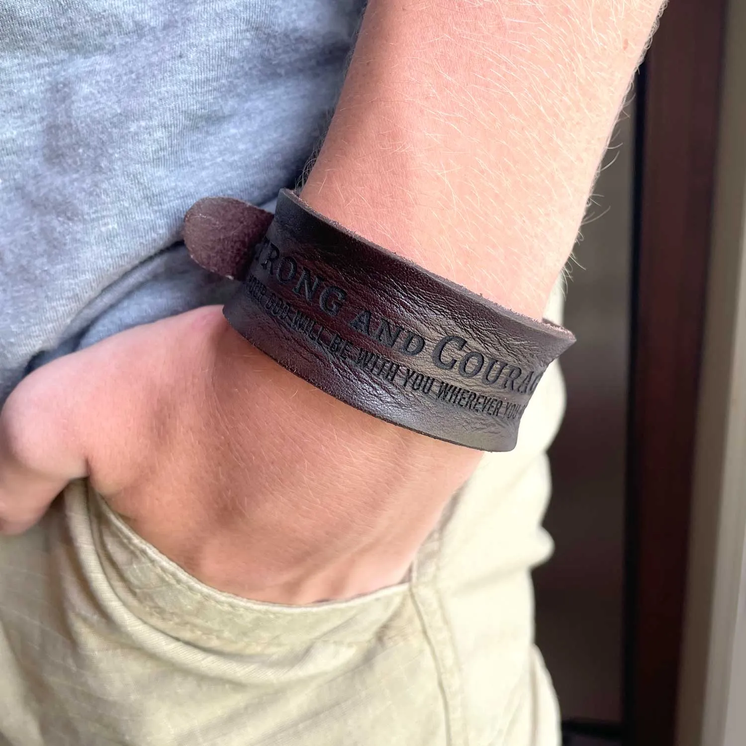 "Strength and Dignity" Proverbs 31 Laser-Engraved Brown Leather Scripture Bracelet with Watch Band Clasp