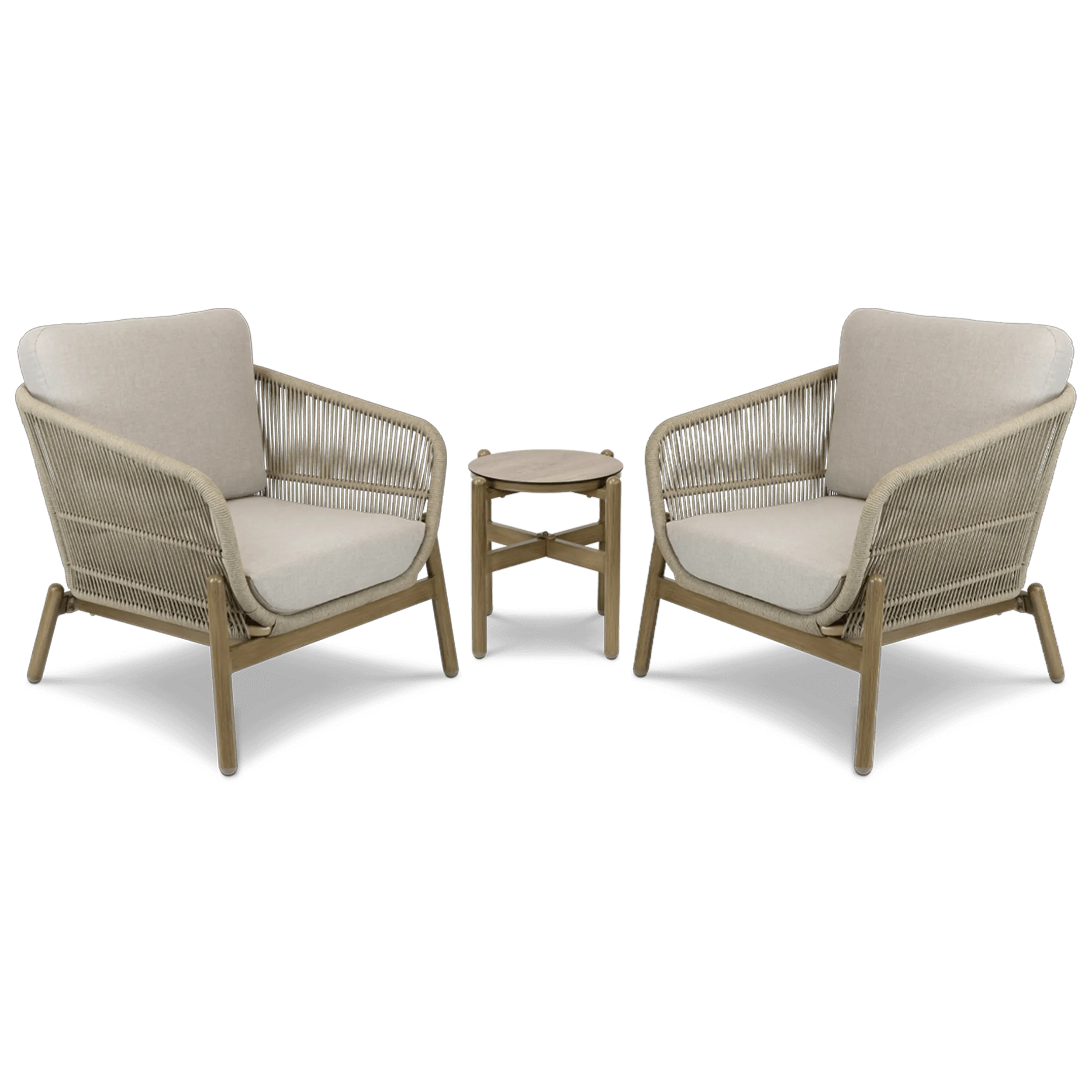 Tahiti 3pc Occasional Set with Eco Olefin Rope, Sahara Sand Spunpoly Cushions and Aluminium Frame